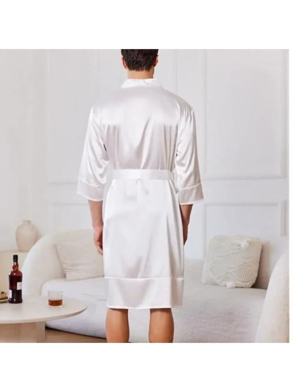 Men’s White Lightweight Silky Satin Robe Kimono Bathrobe 3/4 Sleeve with Pockets